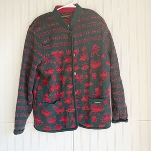 GEIGER Size L Vintage Green and Red Heraldic Print Boiled Wool Cardigan Jacket